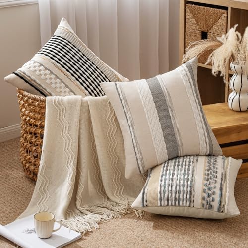 ANRODUO Boho Decorative Pillow Covers 18x18 Black-White Stripe Pack of 2 - Image 3