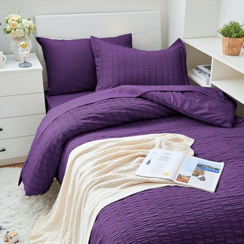 HYMOKEGE Dark Purple Twin XL Comforter Set Seersucker 5 Pieces, All Season - Image 2