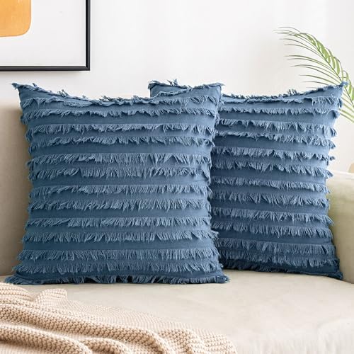 MIULEE Boho Linen Striped Throw Pillow Covers 18x18, Dark Blue by MIULEE