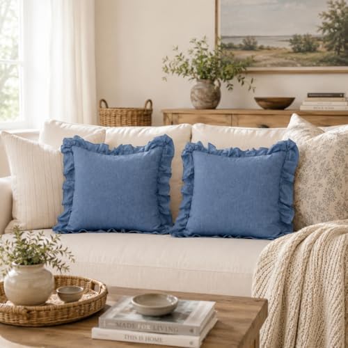 JoraLion Ruffled Throw Pillow Cover 20x20 Solid Dark Blue by JoraLion