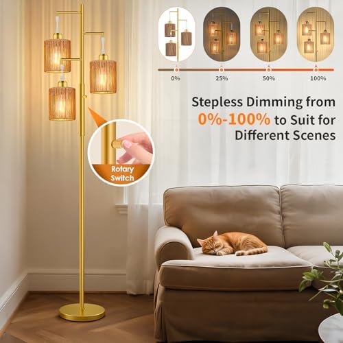 Hotsonic 72" Boho Rattan Tree Floor Lamp, Tall Dimmable Industrial Standing Lamp, Corner Decor Accent Lighting for Living Room, Bedroom, Dining Room, Nursery, Cafe (3 x 800LM Bulbs Included) - Gold - Image 4