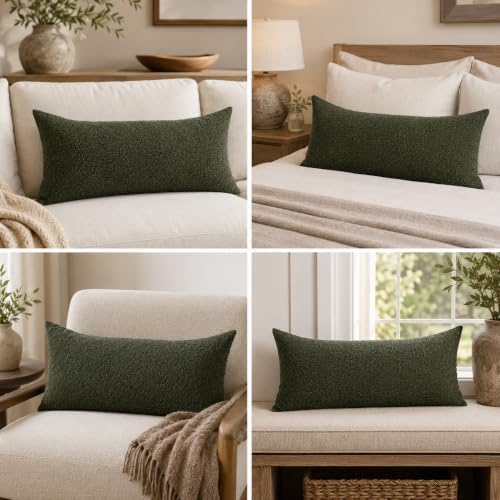 JoraLion 14x24 inch Boucle Lumbar Pillow Cover, Army Green Woven Texture - Image 3
