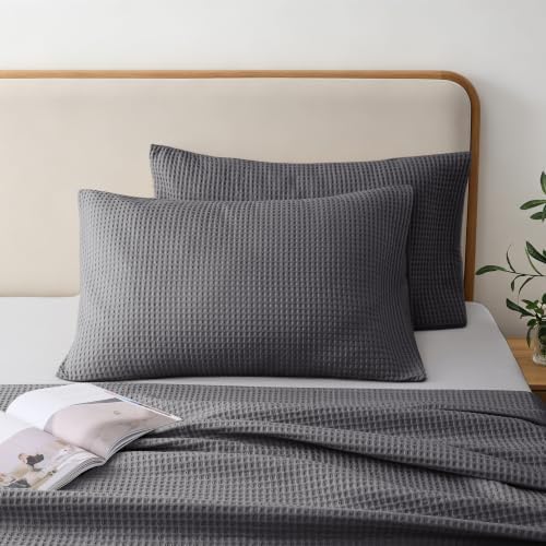 100% Cotton Waffle Pillow Shams King Size Set of 2, Dark Grey - Image 3