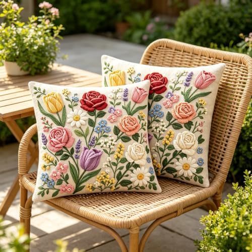 2D Flat Tulip Daisy Floral Bouquet Linen Throw Pillow Covers 18x18 Set of 2 - Image 6