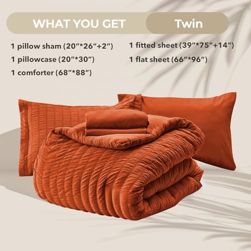 HYMOKEGE Burnt Orange Twin Comforter Set Seersucker 5 Pieces, All Season Luxury - Image 6