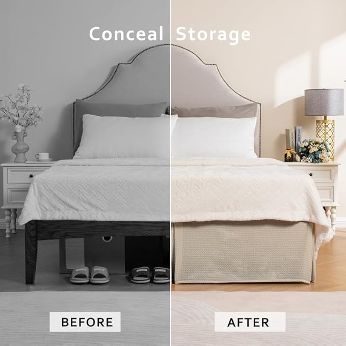 MIYE Pleated Waffle Weave Bed Skirt, Tailored Dust Ruffle 14 Inch Drop Easy Fit, Machine Washable,No Split Corners (Beige, King - 14" Drop)