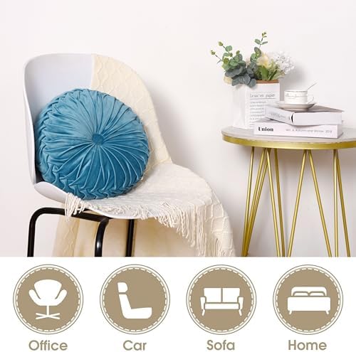HIG Set of 2 Dusty Blue Velvet Decorative Round Pleated Throw Pillows - Image 4