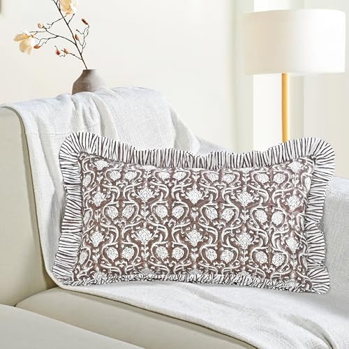 CPC Block Print Mocha Regal Ruffle Cotton Lumbar Pillow Cover 12x20 inch by COTTONPRINTCLUB