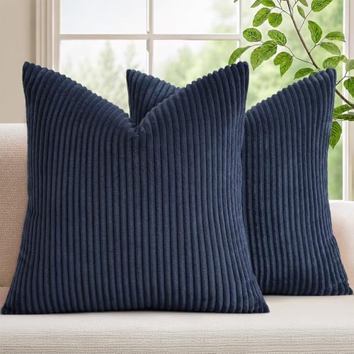Mecatny Corduroy Decorative Throw Pillow Covers 20x20 Set of 2 Deep Blue by Mecatny