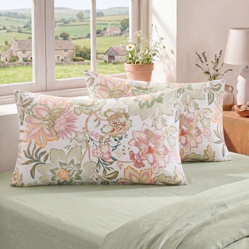 Bedorm 100% Cotton Pillowcases Set of 2 King Size Floral Pillow Cover Green - Image 4