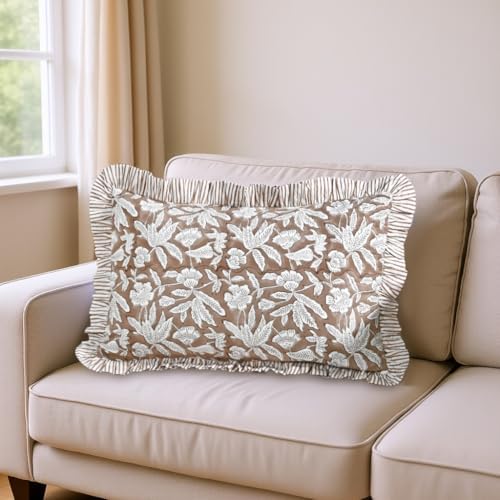 Ridhi Block Print Oak Brown Ruffle Lumbar Pillow Shams - Image 6