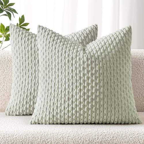 MIULEE Decorative Throw Pillow Covers 16x16 Light Green Textured Corduroy by MIULEE