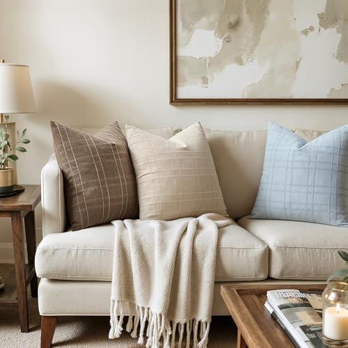 MIULEE Linen Plaid Pillow Covers Decorative Euro 24x24 Coastal Blue - Image 4