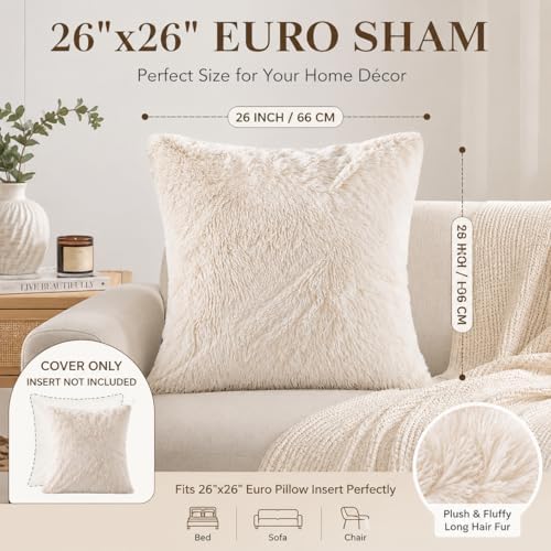 REAFORT Long Hair Faux Fur Euro Sham Cover 26"x26", Hidden Zipper - Image 3