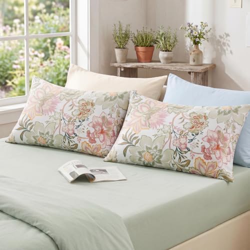 Bedorm 100% Cotton Pillowcases Set of 2 King Size Floral Pillow Cover Green - Image 6