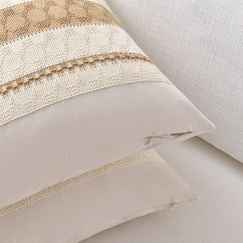 Fancy Homi Set of 2 Tan Neutral Big Decorative Throw Pillow Cover 24x24 Inch - Image 3