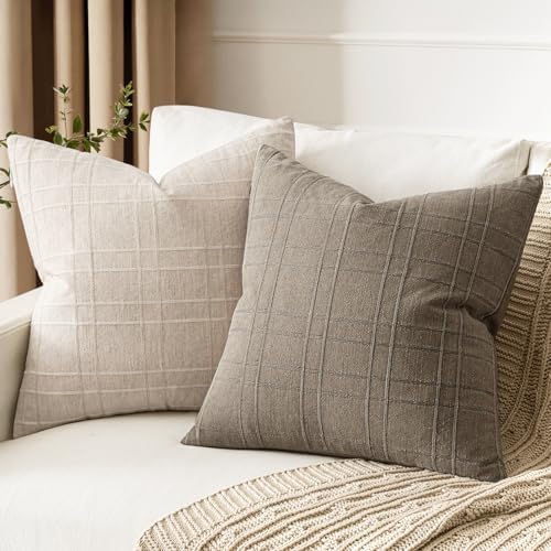 MIULEE Linen Plaid Pillow Covers Decorative Euro 22x22 Tan Taupe - Image 4