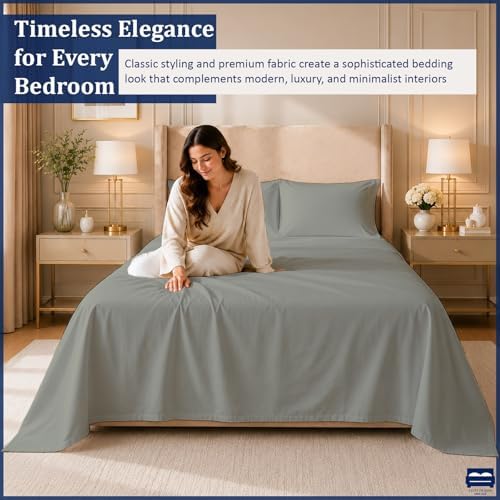 Cottingon 4 Piece Full Sheets Fits 16" Deep, Egyptian Cotton, Light Grey - Image 3