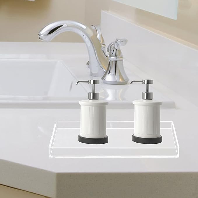 Bigfety Acrylic BathroomTray for Counter, Handmade Clear Trays Sturdy Organizer for Cup, Sponge, Soap, Plant (Large, Clear)