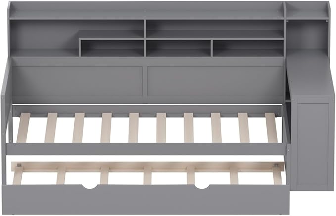 Merax Twin Size Corner Bed Frames with Desk and Trundle & Storage Shelves Headboard, Pinewood U-Shaped Captain Daybed for Small Room, Bedroom, Guest Room, Kids' Room, Grey