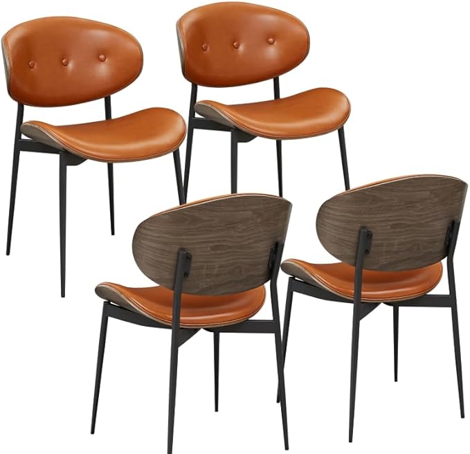 Art Leon Faux Leather Dining Chairs Set of 4, Gray Oak Bentwood, Mid Century Modern Desk Chairs with Metal Legs, Armless Accent Chairs for Living Room Bedroom, Brown