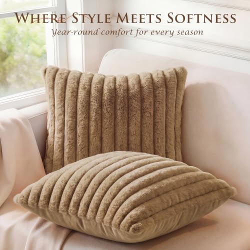 Set of 2 Decorative Throw Pillow Covers 20x20, Faux Fur Khaki - Image 4
