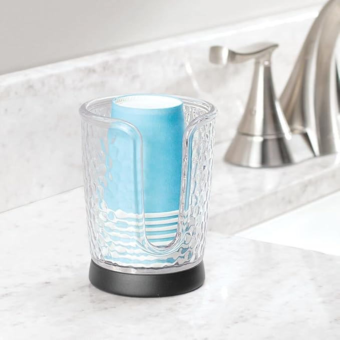 mDesign Plastic/Steel Compact Small Disposable Paper Cup Dispenser Storage Holder for Rinsing Cups on Bathroom Vanity Countertops - Rain Collection - Clear/Black