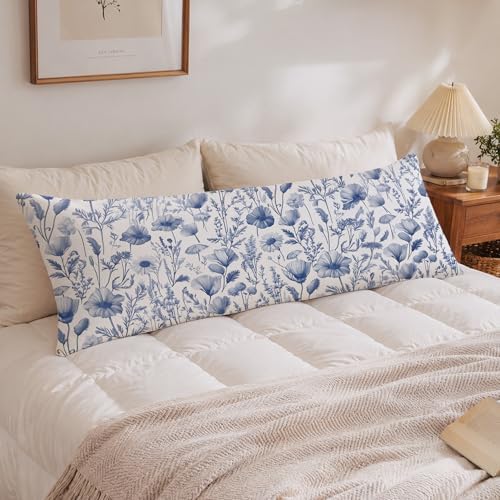 Blue and White Chinoiserie Floral 20x54 Body Pillow Cover, Grandmillennial Home by Unknown