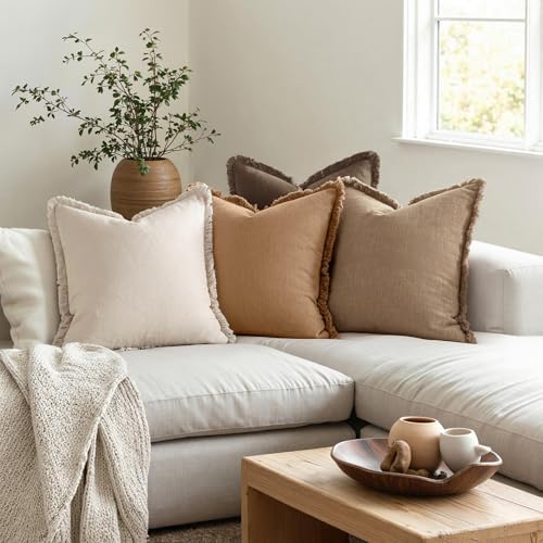MIULEE Fall Linen Fringe Pillow Covers Set of 4 18x18 Neutral Brown - Image 3