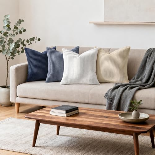 Mecatny Corduroy Decorative Throw Pillow Covers 20x20 Set of 2 Deep Blue - Image 3