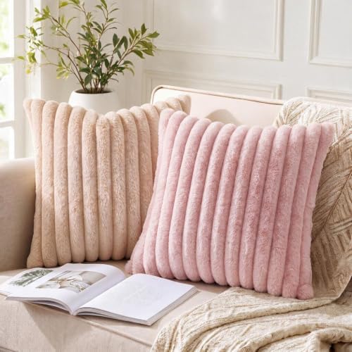 Set of 2 Decorative Throw Pillow Covers 20x12, Faux Fur Apricot - Image 6