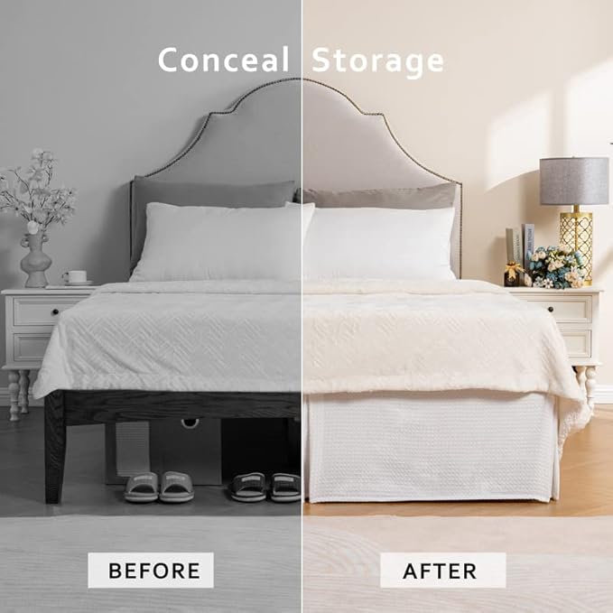 MIYE Pleated Waffle Weave Bed Skirt, Tailored Dust Ruffle 18 Inch Drop Easy Fit, Machine Washable, No Split Corners (White, Queen - 18" Drop)