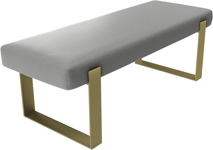 VANT Upholstered Bed Bench - Vintage Leather Light Grey - Burnished Brass - Contemporary Modern, Bedroom Bench Seat, Hallway, or Entryway