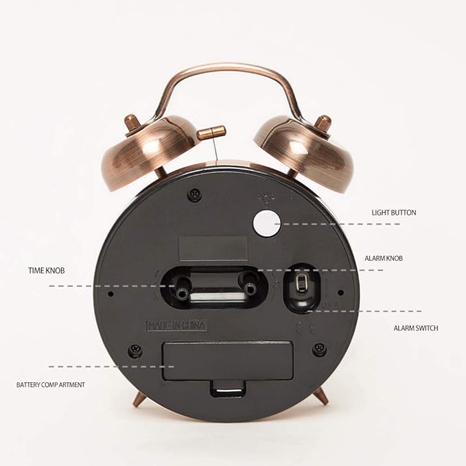 {Loud Alarm for Deep Sleepers) 4'' Twin Bell Alarm Clock with Backlight for Bedroom and Home Decoration(Red-Brown)