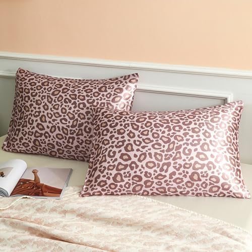 Pink Leopard Printed Pillow Cases, Queen Cheetah Satin Pillowcase by LCBD