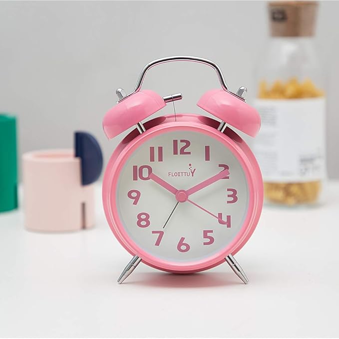 {Loud Alarm for Deep Sleepers) 4'' Twin Bell Alarm Clock with Backlight for Bedroom and Home Decoration(Pink)