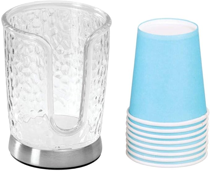 mDesign Plastic/Steel Compact Small Disposable Paper Cup Dispenser Storage Holder for Rinsing Cups on Bathroom Vanity Countertops - Rain Collection - Clear/Brushed