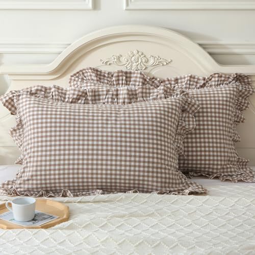 Mywinlle Taupe/White Plaid Gingham Ruffle Pillow Covers Queen Size 20"x30" - Image 3