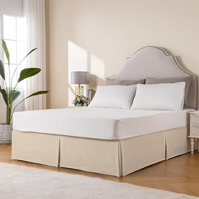 MIYE Pleated Waffle Weave Bed Skirt, Tailored Dust Ruffle 12 Inch Drop Easy Fit, Machine Washable,No Split Corners (Beige, Twin - 12" Drop)