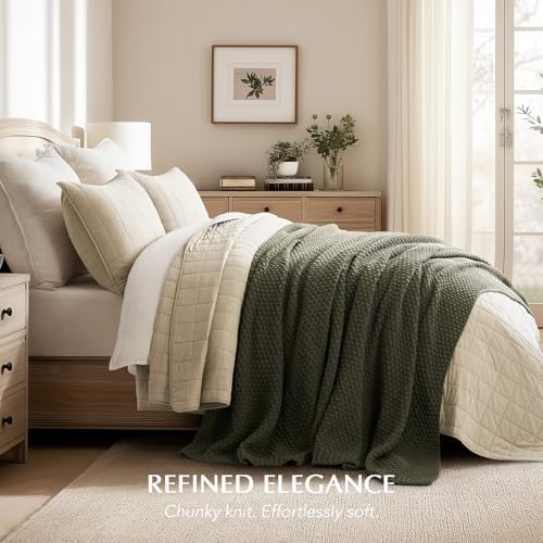 EVERGRACEHOME Chunky Chenille Knit Throw Blanket, Olive Green - Image 5