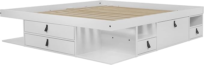 memomad Bali Slim Set: Storage Platform Bed with Drawers + Flat Panel Headboard (Queen Size, White Wood)
