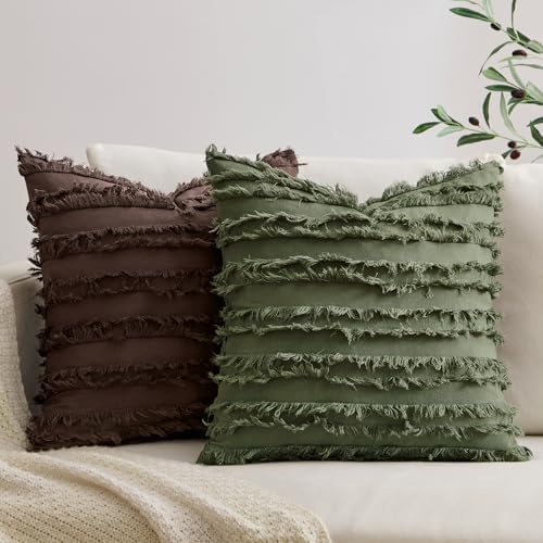 MIULEE Boho Linen Striped Throw Pillow Covers 18x18, Dark Olive Green - Image 4