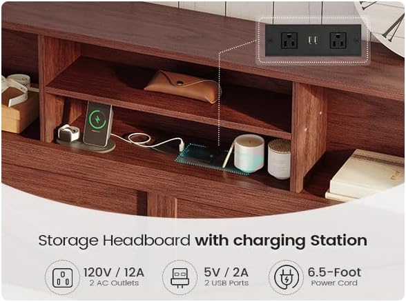 AOGLLATI Farmhouse King Bed Frame Bed Frame with 4 Storage Drawers and Led Lights, Wooden King Bed with Hidden Space Bookcase Headboard and Led Lights & Metal Slats, Mahogany