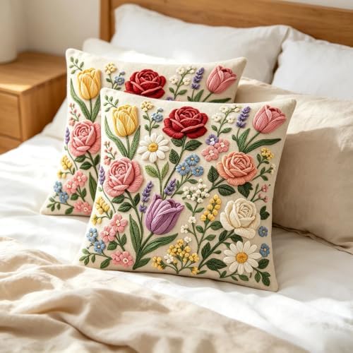 2D Flat Tulip Daisy Floral Bouquet Linen Throw Pillow Covers 18x18 Set of 2 - Image 4