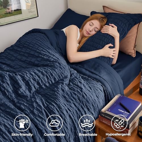 HYMOKEGE Navy Blue Twin Comforter Set Seersucker 5 Pieces, All Season Luxury - Image 2