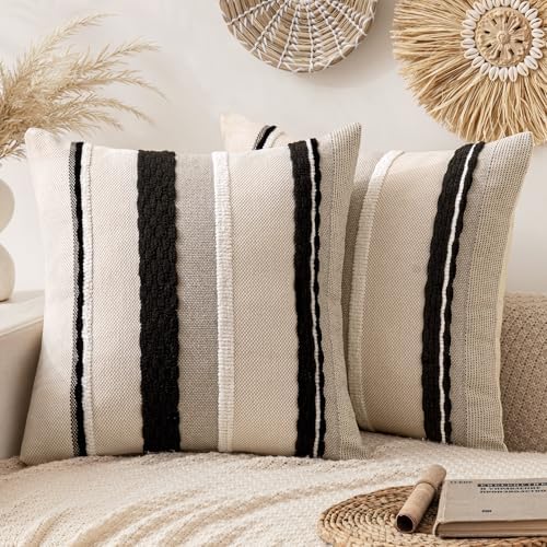 ANRODUO Boho Decorative Pillow Covers 18x18 Pack of 2 Black-White Stripe 2 by ANRODUO