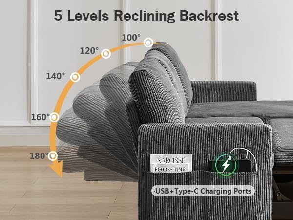 Vipbear 80" Sectional Sleeper Sofa Bed with Pull Out Bed, L Shaped Couch Pull Out Couch with Reclining Backrest, Reversible Storage Chaise, USB Ports, Tool-Free Assembly, Corduroy Grey