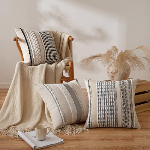 ANRODUO Boho Decorative Pillow Covers 18x18 Black-White Stripe Pack of 2 - Image 2