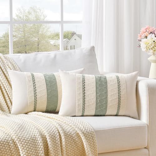 Fancy Homi Set of 2 Sage Green Boho Lumbar Decorative Throw Pillow Covers 14x24 by Fancy+Homi