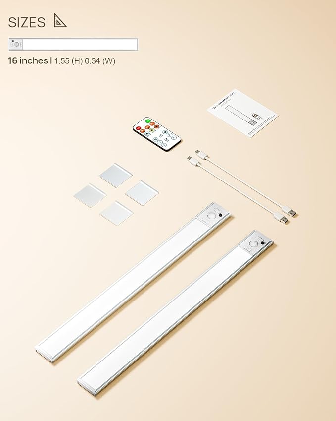 16in Under Cabinet Lighting with Remote, 160 LED Motion Sensor Light Indoor, 4000mAh USB Rechargeable Closet Lights, 3 Color Temps Wireless Under Counter Lights for Kitchen, Pantry, Stair, 2 Pack